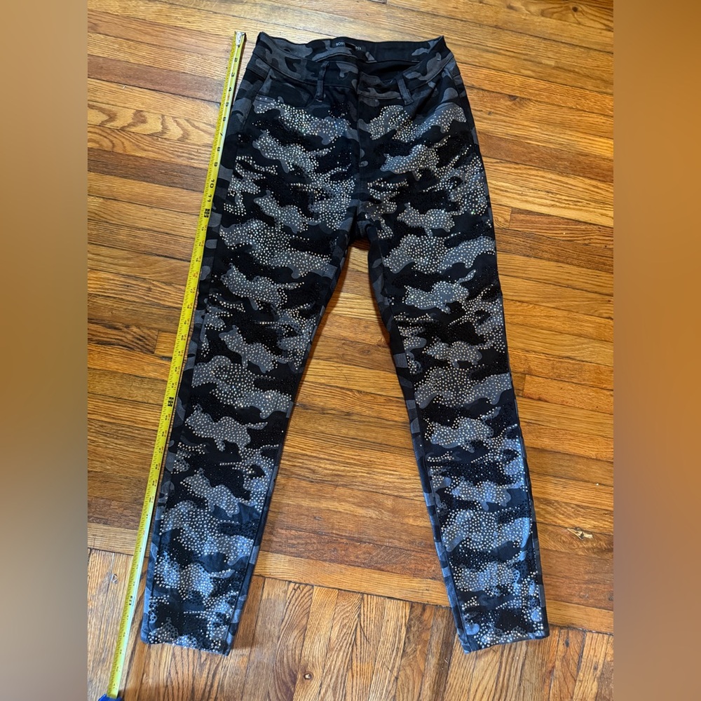 Boston Proper Crystal Embellished Camo Ankle Jean Pants Rhinestone Black 8